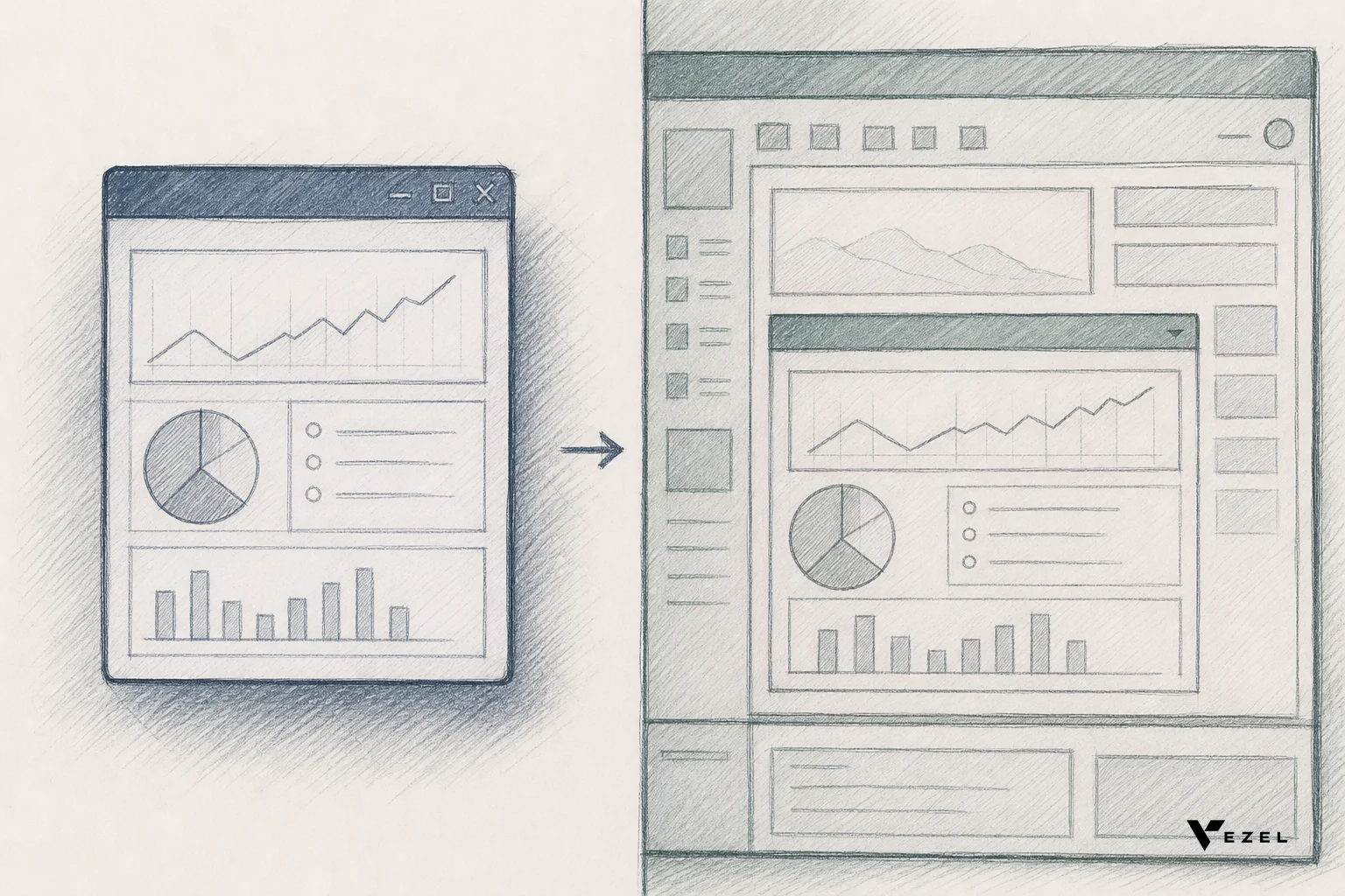 Two contrasting sketches: standalone tool vs embedded extension inside a product. sketch style hand-drawn line art, pencil crosshatching, split composition contrasting a standalone disconnected app window on the left with a seamlessly