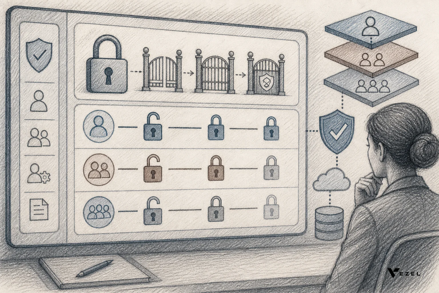 sketch style hand-drawn line art, pencil crosshatching, illustration of a control panel with padlock icons, gate symbols, and layered permission levels sketched by hand, muted colors (#38555e, #64524d, #70828c), conveying governance and