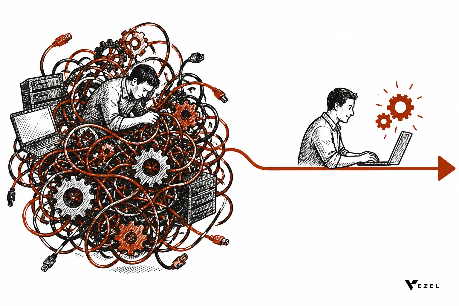 Split sketch comparing a tangled manual integration path versus a clean automated path. sketch, hand-drawn line art with crosshatching, minimal color palette using #a0320d and #0c0c0c on white, left side shows a tangled knot of wires and
