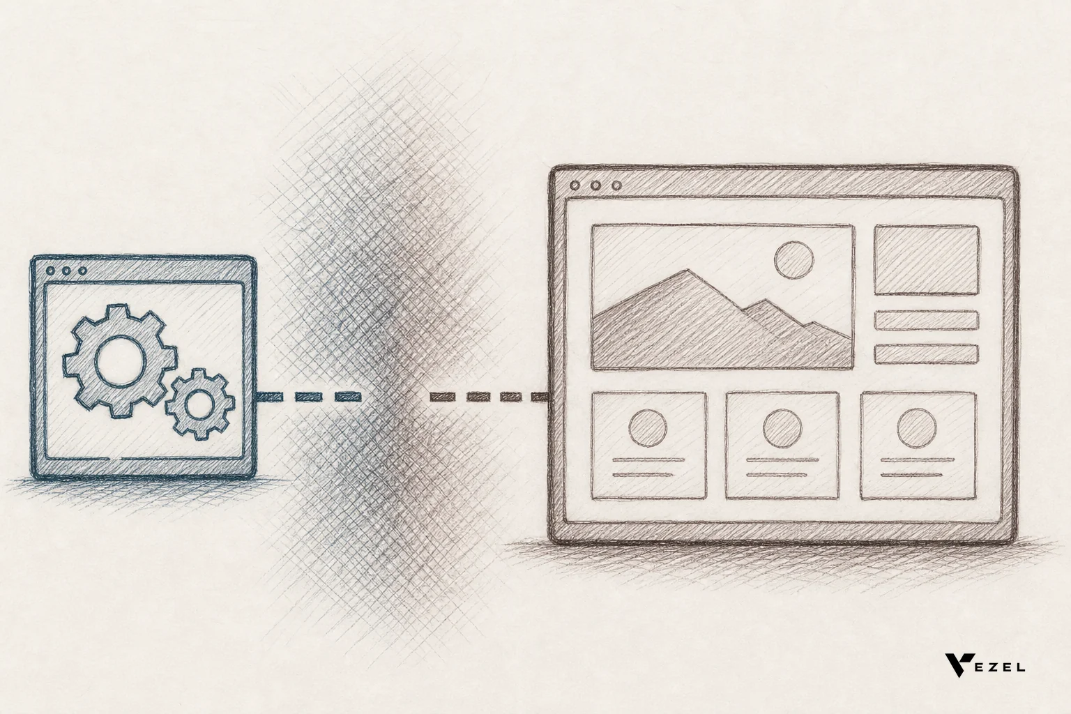 Sketch of a small internal tool interface disconnected from a large customer-facing product wall, showing a broken authentication bridge. sketch, hand-drawn line art pencil sketch with crosshatching, minimal color palette #38555e and
