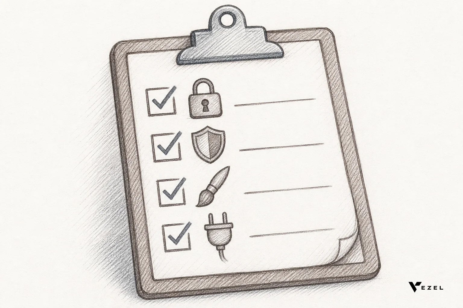 Sketch of a checklist clipboard with technical icons representing auth, RBAC, theming, and API connections. sketch, hand-drawn line art pencil sketch with crosshatching, minimal color #64524d and #70828c: a clipboard illustration with a