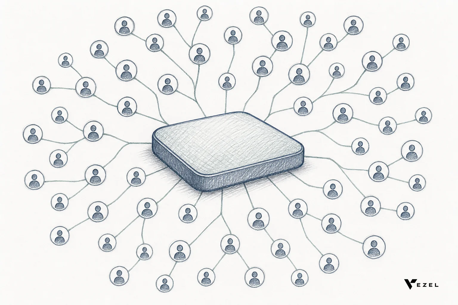 Sketch showing a single extension layer branching into many small customer icons, representing scale. sketch, hand-drawn line art pencil sketch with crosshatching, minimal color #2a4055 and #768d8c: central rounded rectangle representing