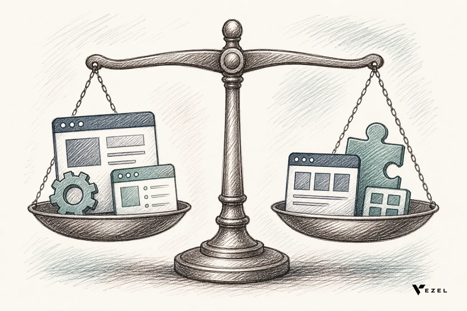 Sketch of a comparison chart or scale weighing different software tool icons. sketch, hand-drawn line art with crosshatching and minimal color palette of muted slate blue (#2a4055), warm brown (#64524d), and soft teal (#768d8c), depicting a