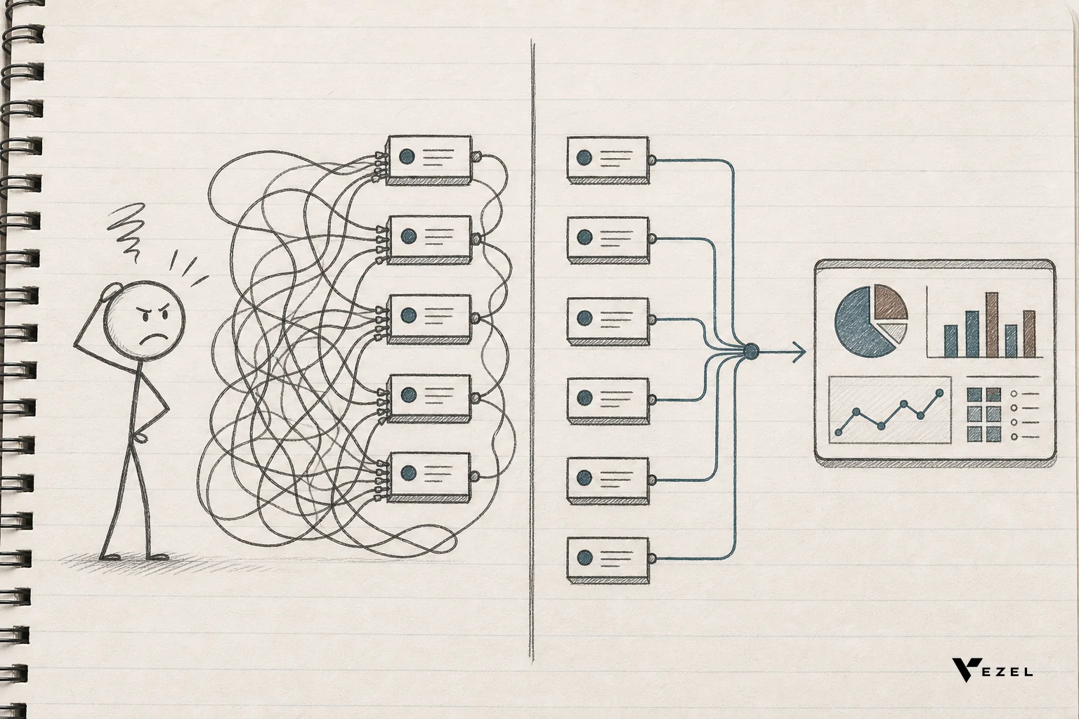 sketch, hand-drawn line art with pencil crosshatching, minimal color using #38555e and #64524d accents: two panels, left panel shows a tangle of hand-drawn wires manually connecting labeled API boxes with a frustrated stick-figure engineer