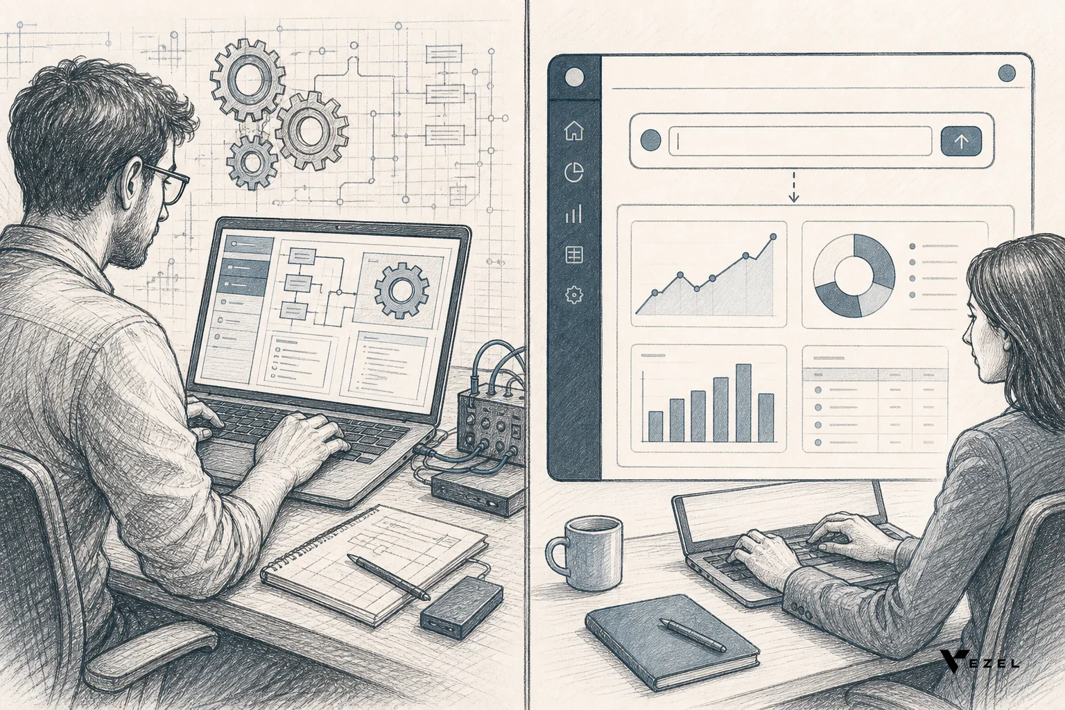 sketch, hand-drawn line art with pencil crosshatching, minimal color using #2a4055 and #70828c accents: a split composition, left side shows an engineer at a desk building an internal admin panel on a laptop screen with gears and wires