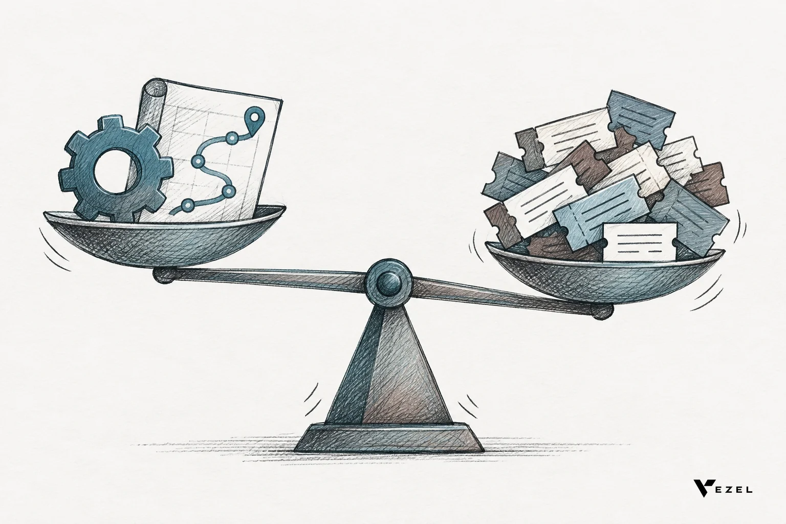 Sketch of a balance scale weighing core product work against custom one-off work. sketch, hand-drawn line art pencil sketch with crosshatching, minimal color using brand tones (#38555e, #70828c, #64524d), a simple balance scale with a gear