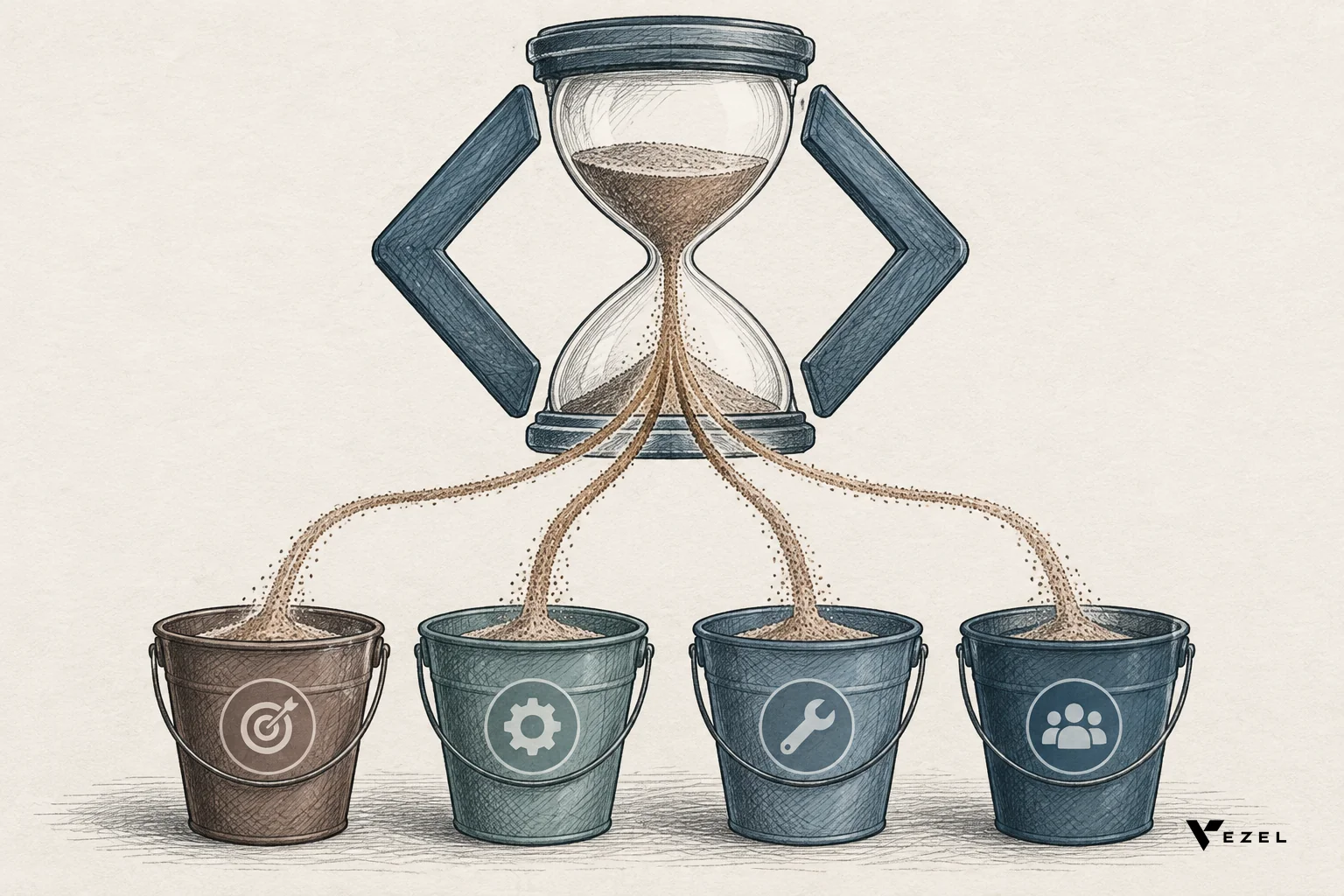 Sketch of hourglass with engineering hours draining into scoping, building, maintaining, supporting buckets. sketch, hand-drawn line art pencil sketch with crosshatching, minimal color using muted palette (#64524d, #768d8c, #2a4055), an