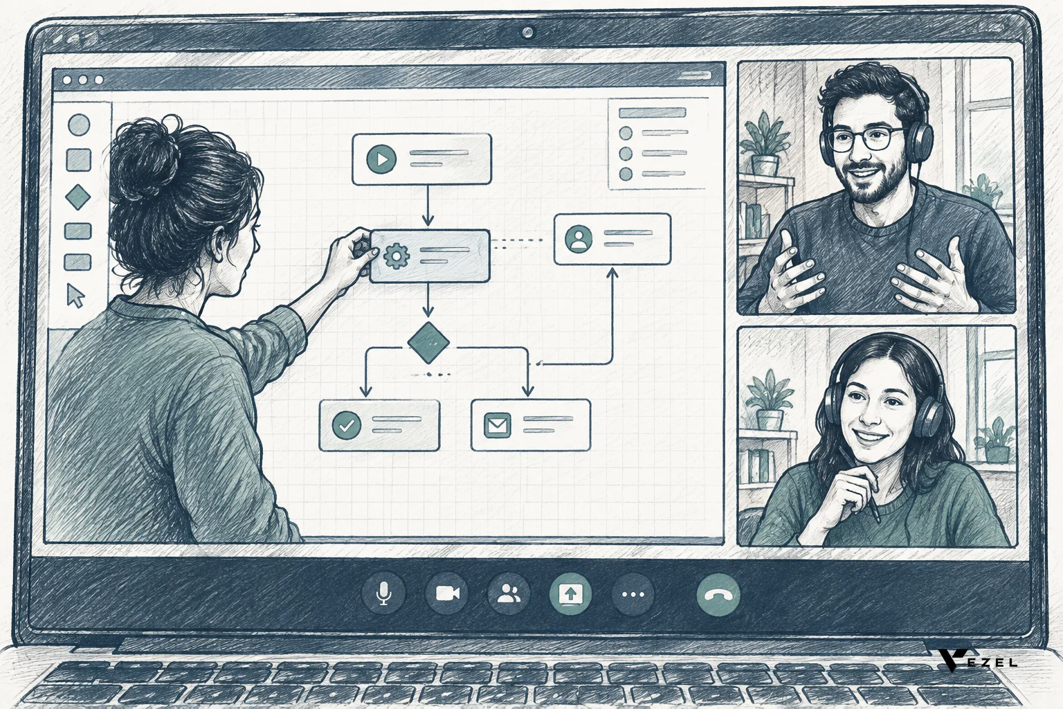 Live demo of a workflow being built on screen during a sales call. sketch, hand-drawn line art pencil sketch with crosshatching, minimal color using #2a4055 and #768d8c accents, two people on a video call screen, one screen-sharing a