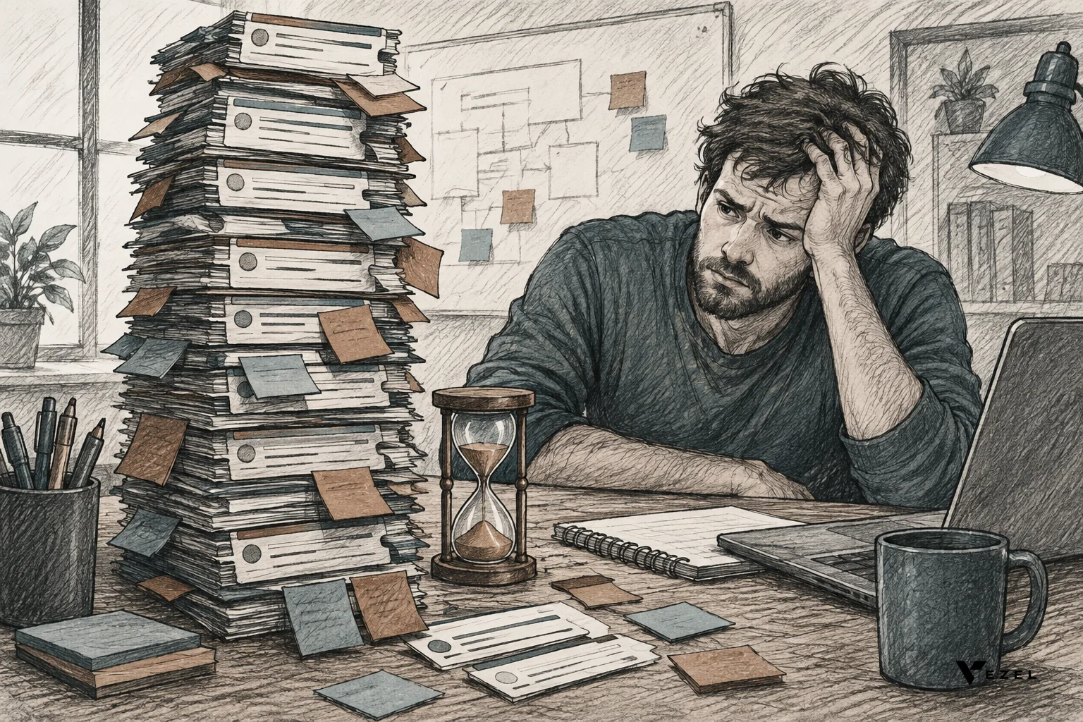 sketch, hand-drawn line art pencil sketch with crosshatching, minimal color using #38555e and #64524d accents, a towering stack of ticket cards and sticky notes on an engineer's desk, a small hourglass nearby, conveying backlog pressure and
