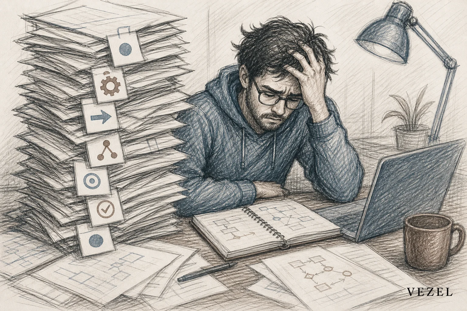 sketch, hand-drawn line art pencil sketch with crosshatching, minimal color in #38555e and #64524d: a desk scene showing a software engineer surrounded by a tall stack of ticket papers labeled with workflow icons, looking overwhelmed