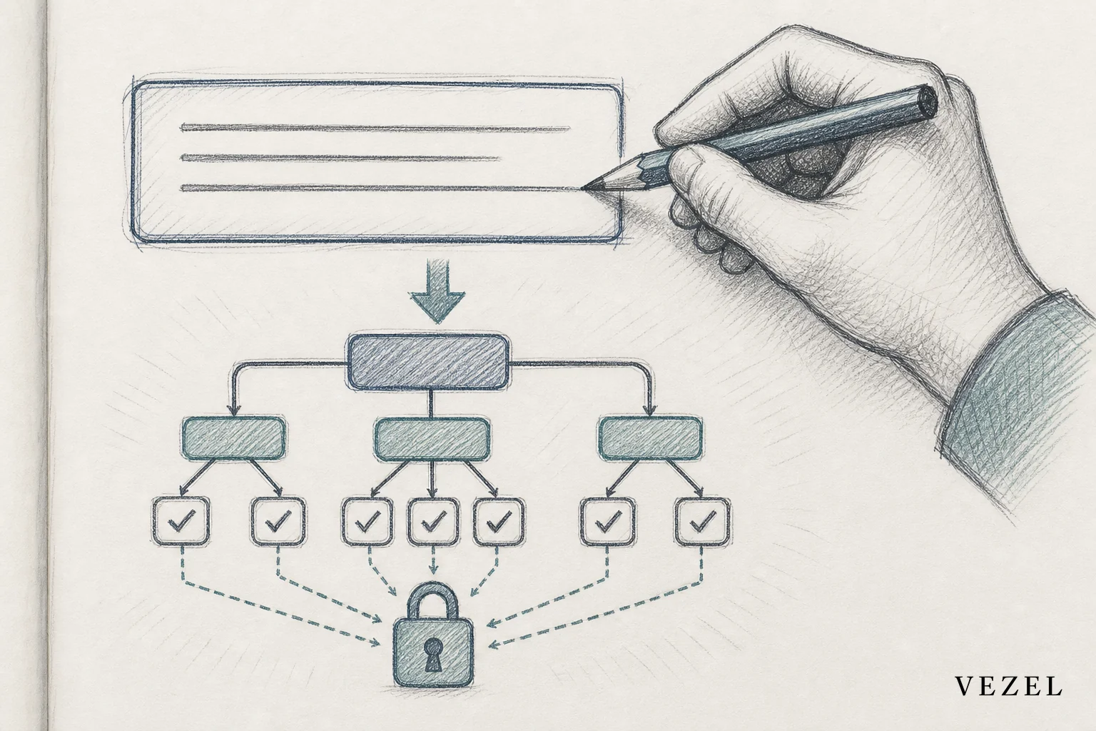 Sketch showing plain English text turning into a workflow diagram with approval steps and a lock icon for permissions. sketch, hand-drawn line art pencil sketch with crosshatching, minimal color in #2a4055 and #768d8c: a hand writing a