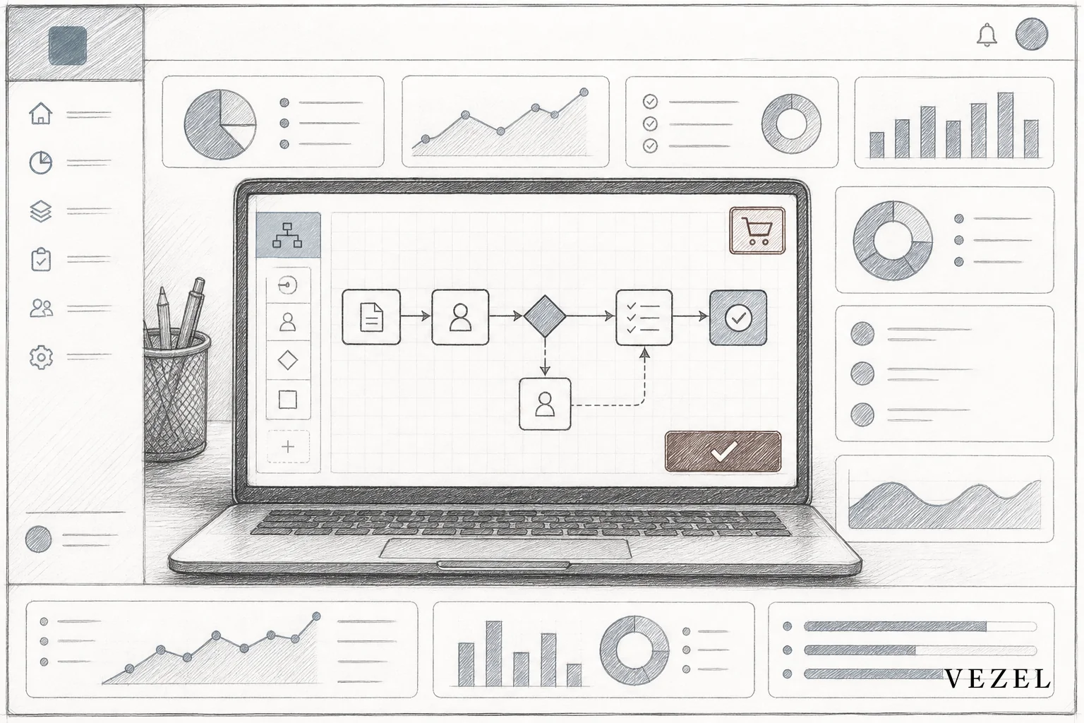 Sketch of a workflow builder interface embedded natively inside a SaaS product dashboard. sketch, hand-drawn line art pencil sketch with crosshatching, minimal color in #70828c and #64524d: a laptop screen showing a compliance workflow