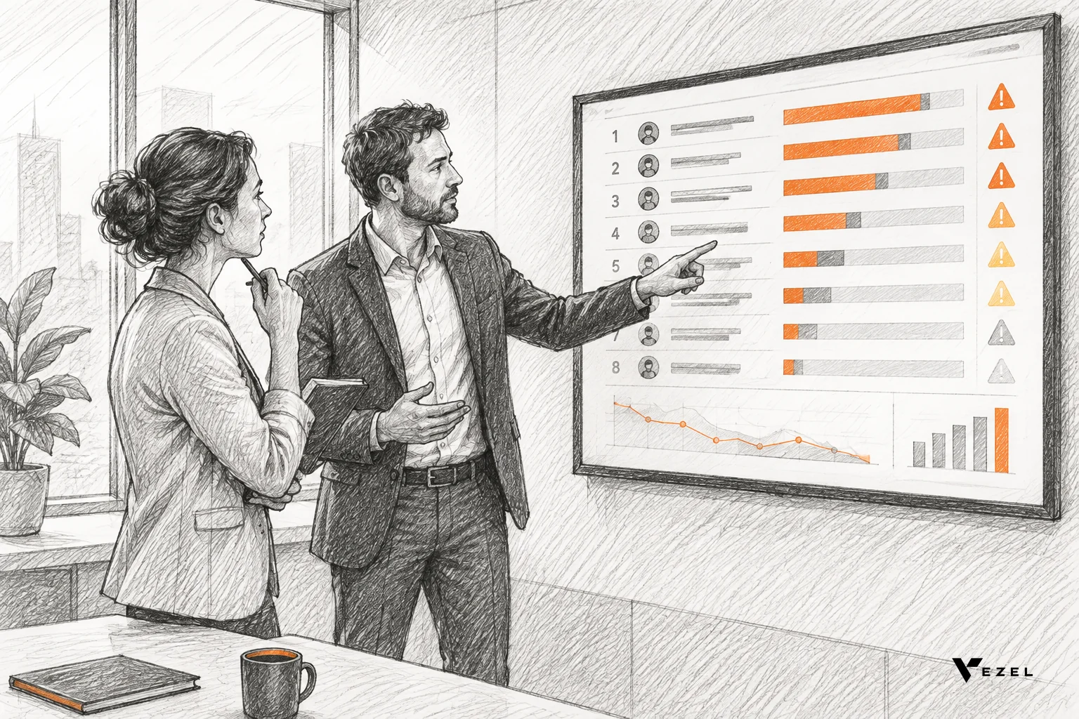 Sales rep and customer success lead in a weekly renewal review meeting looking at a wall screen