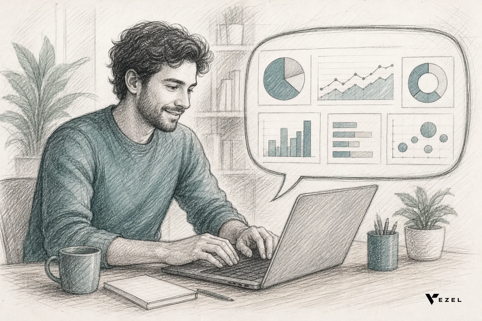 sketch, hand-drawn line art pencil sketch with crosshatching, a person typing on a laptop with a speech-bubble sketch of a dashboard with charts appearing on the screen, warm collaborative mood, color accents of #38555e and #768d8c, minimal