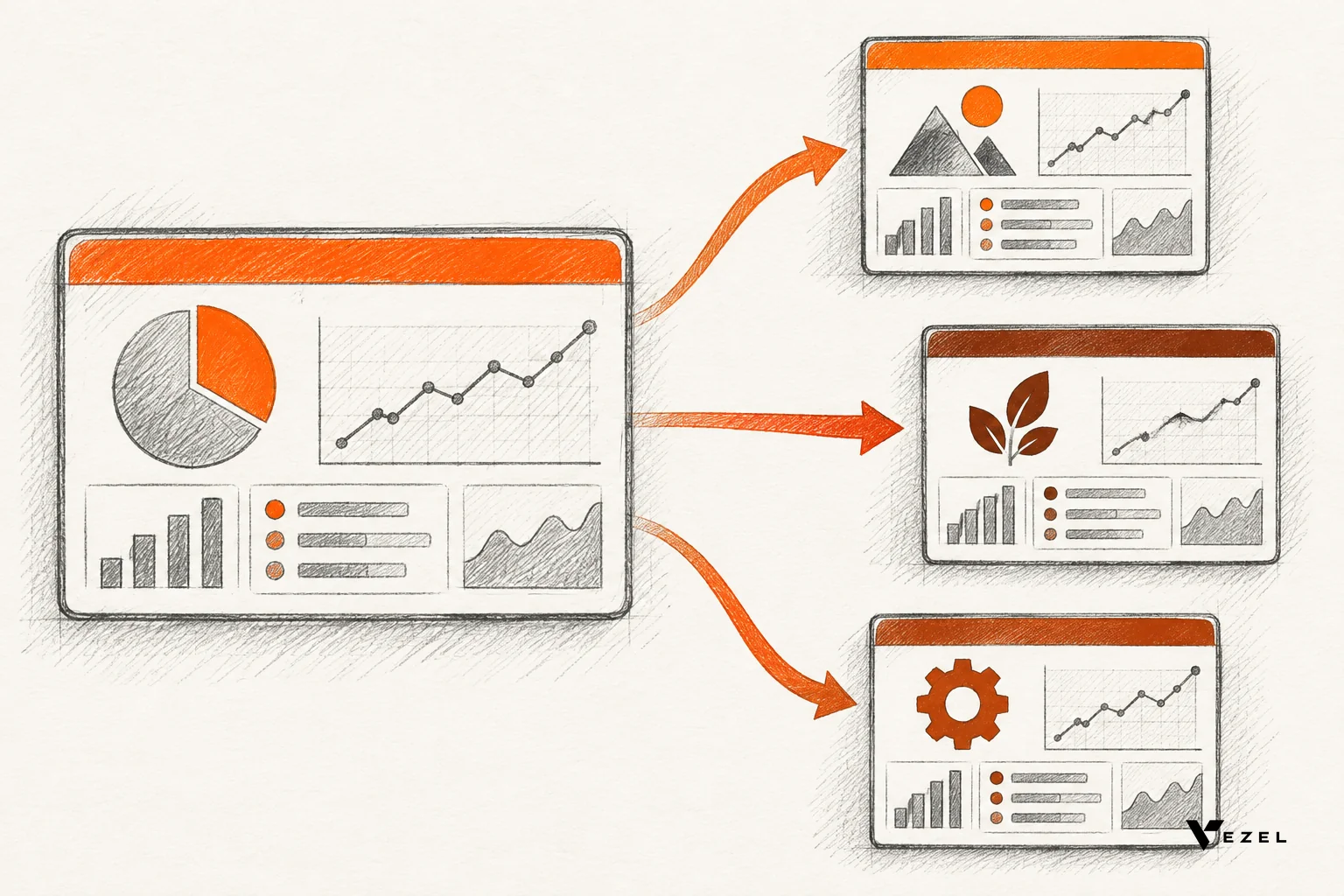 Sketch of one dashboard template branching into several customer-branded copies with different themes