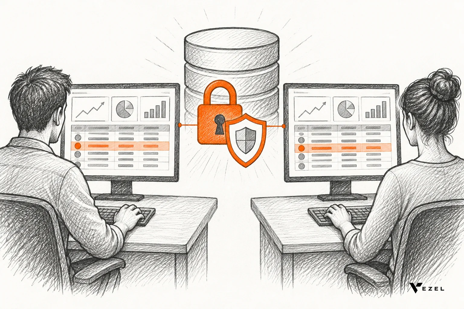 Sketch of two users viewing the same dashboard with different rows of data filtered behind a lock