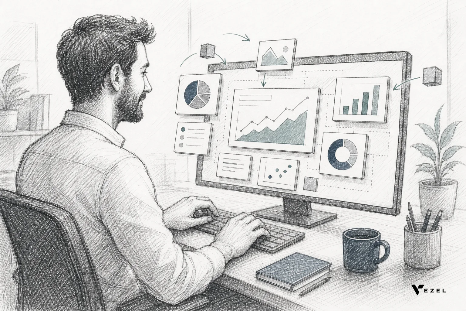 A non-technical business user typing plain English into a screen and a dashboard forming inside an existing software interface. sketch, hand-drawn pencil line art with crosshatching, minimal color accents in #2a4055 and #768d8c, a business