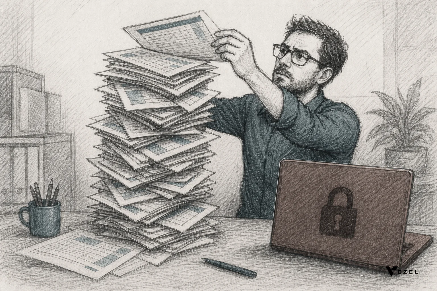 sketch, hand-drawn pencil line art with crosshatching, minimal color accents in #38555e and #64524d, an office worker stacking spreadsheet papers into a precarious tower next to a closed laptop showing a locked padlock icon, symbolizing