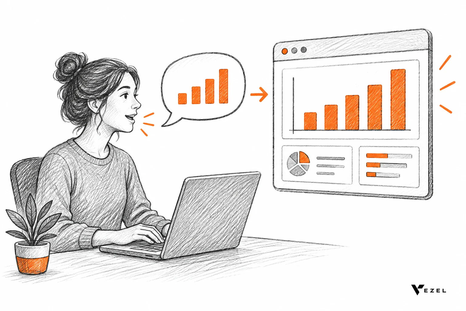 Sketch of a user typing a request that turns into a dashboard inside a product interface