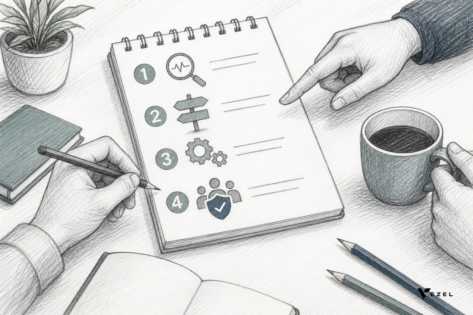 Sketch of a checklist or numbered playbook steps for sales and product leaders. sketch, hand-drawn pencil line art with crosshatching, minimal color accents in #768d8c and #2a4055, a numbered checklist on a notepad with small icons beside