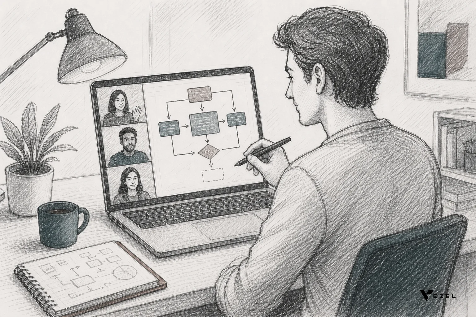 sketch, hand-drawn pencil line art with crosshatching, minimal color accents in #38555e and #64524d, a person at a laptop during a video call sketching a workflow diagram with simple boxes and arrows appearing on screen as if generated