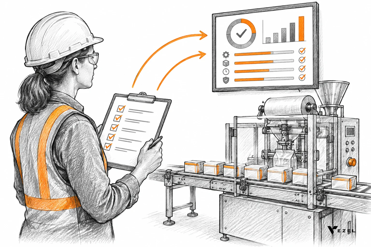 Quality inspector with a clipboard checklist whose ticks flow into a scorecard on a nearby screen at a factory line