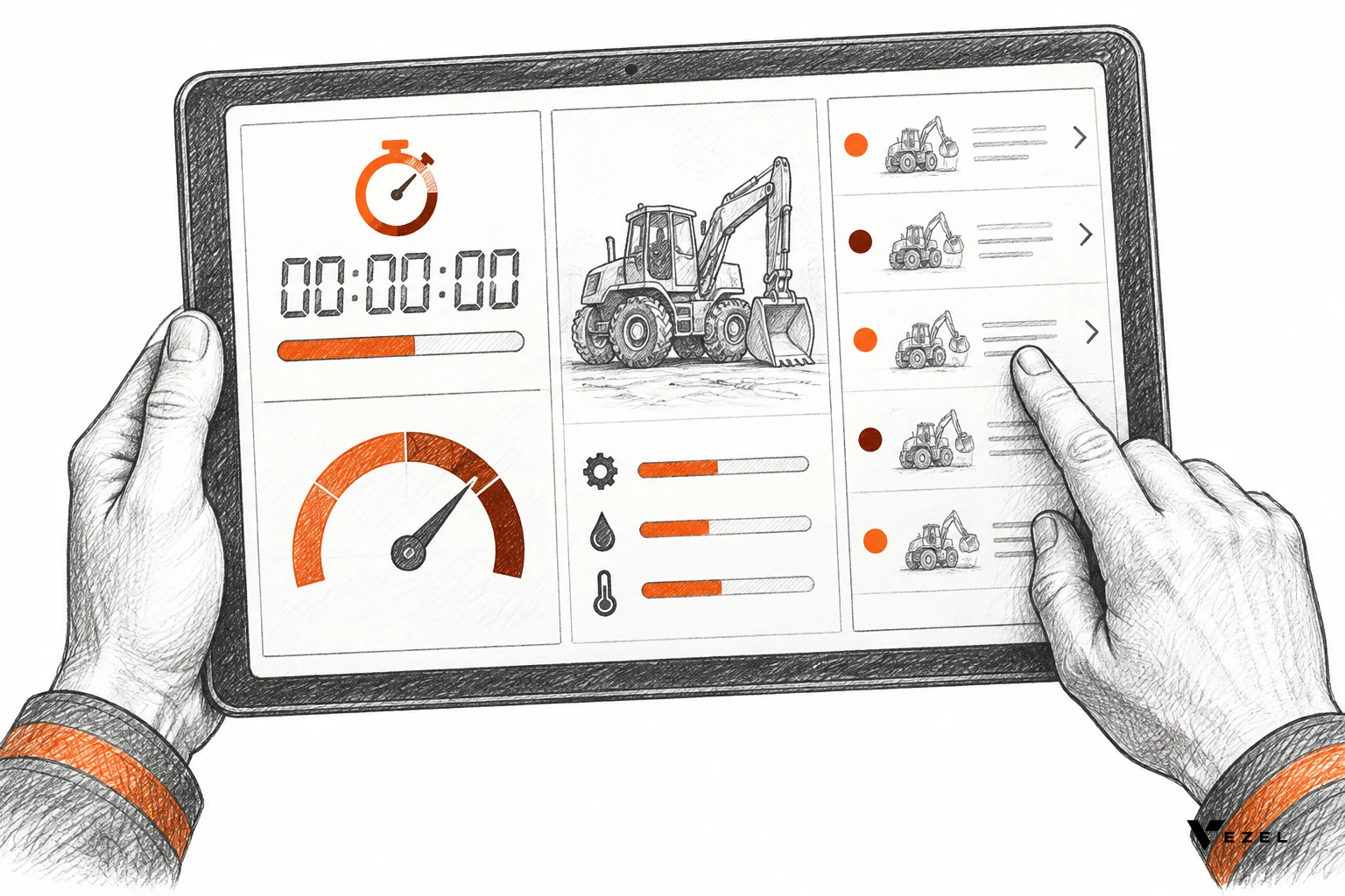 Sketch of a live scorecard dashboard on a tablet with job timer, first-time fix gauge and equipment history panel
