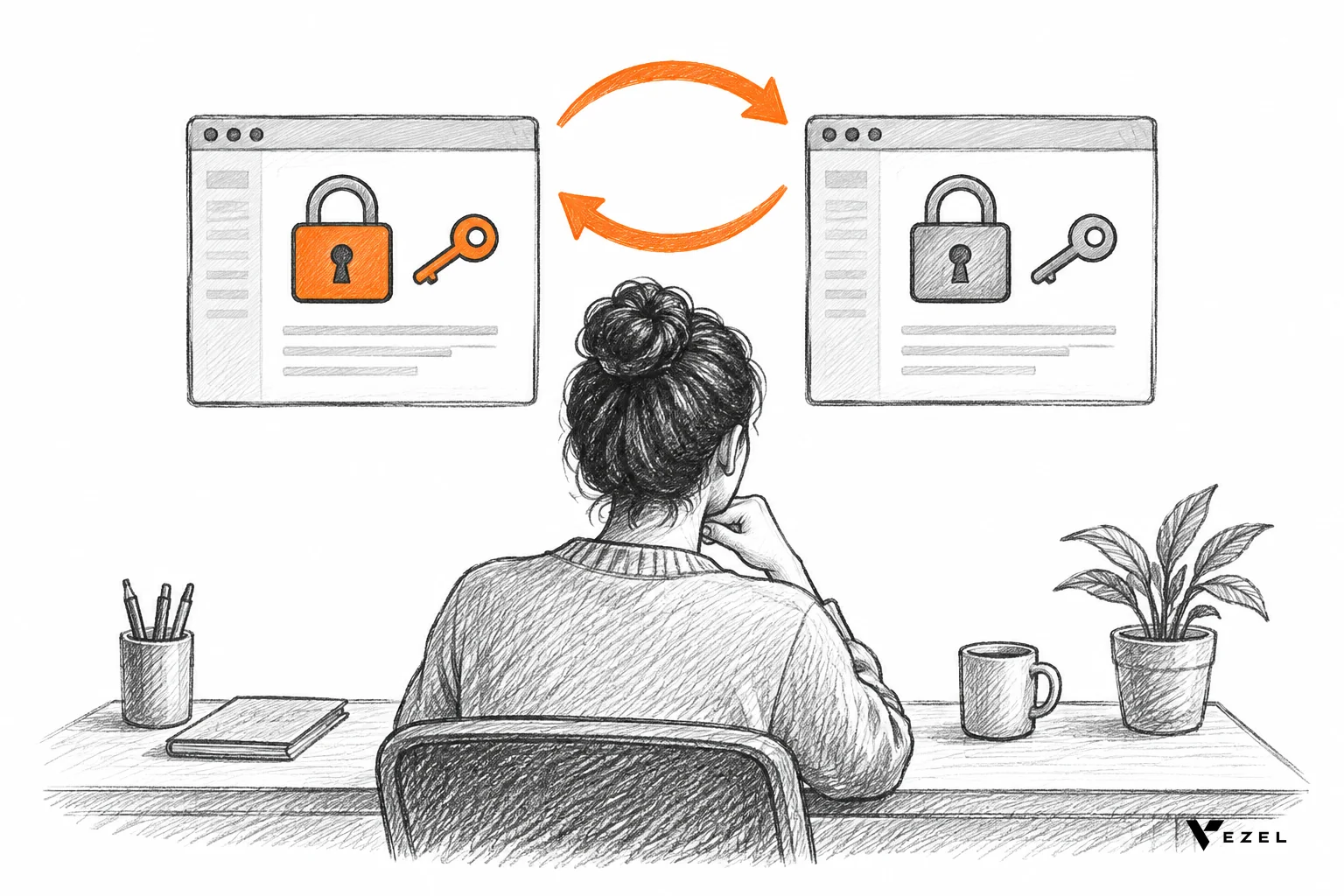 Sketch of a customer switching between two separate browser windows with separate login keys, illustrating context switching