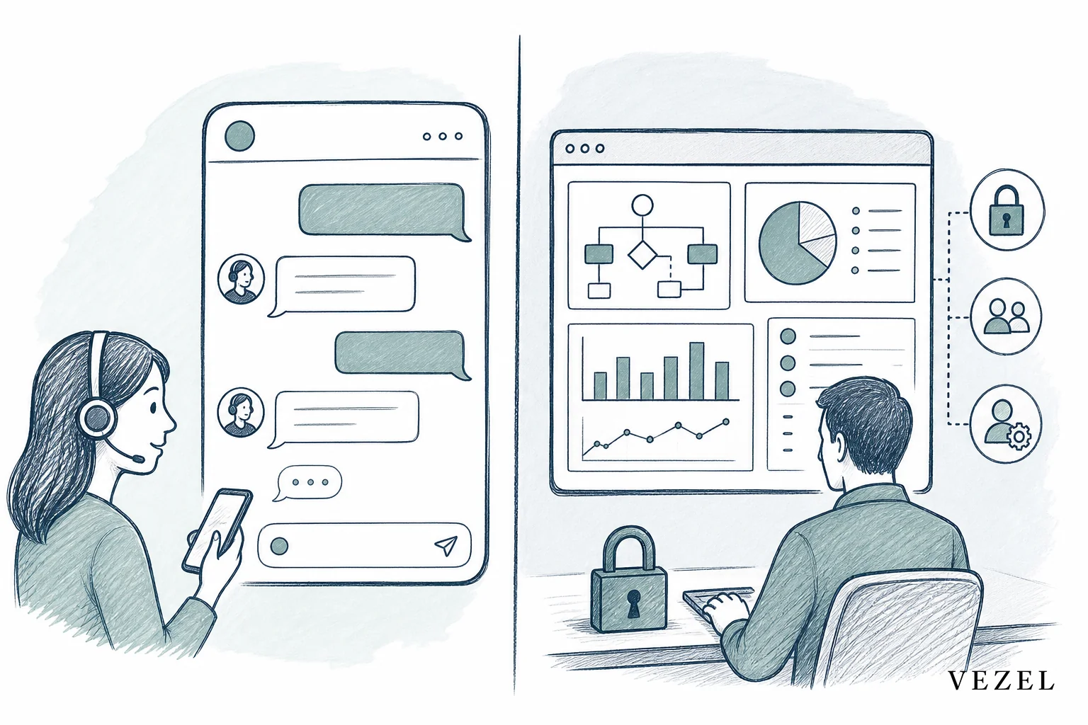 Sketch contrasting two panels: one showing a customer chat bubble, the other showing an internal ops dashboard with permission locks. sketch, hand-drawn line art, minimal color using #2a4055 and #768d8c, split composition showing on one