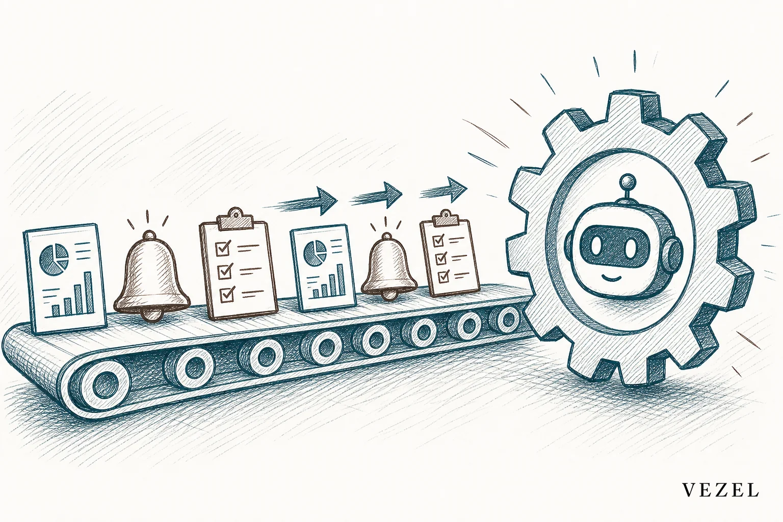 sketch, hand-drawn line art with crosshatching, minimal color palette of #38555e and #64524d, depicting a conveyor-belt style flow of small icons representing recurring reports, alert bells, and checklists moving toward a gear-shaped
