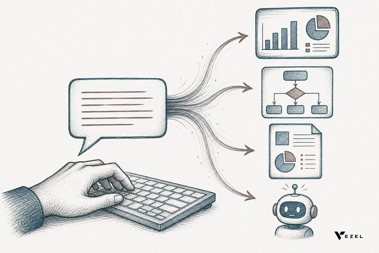 Sketch showing icons for dashboard, workflow, report, and AI agent being generated from a text prompt. sketch, hand-drawn line art with crosshatching, minimal color using #38555e and #64524d accents, illustration of a hand typing on a