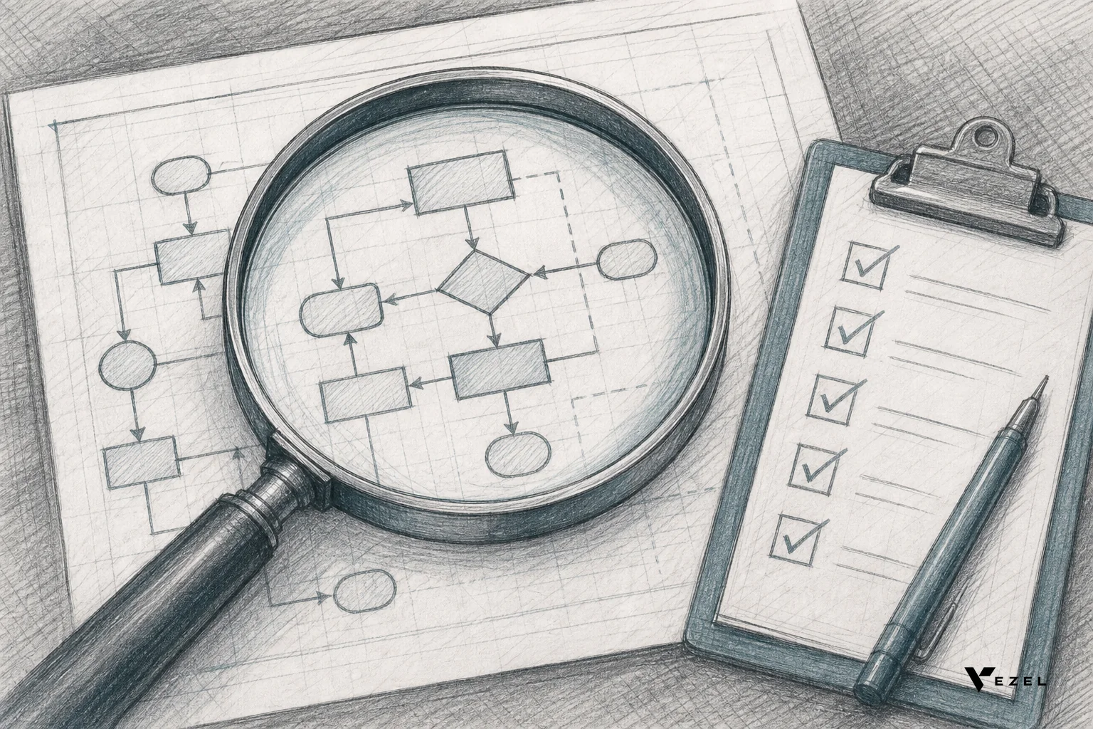 Sketch of a checklist and magnifying glass over a software blueprint, symbolizing evaluation criteria before building in house. sketch, hand-drawn line art pencil sketch with crosshatching and minimal color using muted slate tones (#2a4055