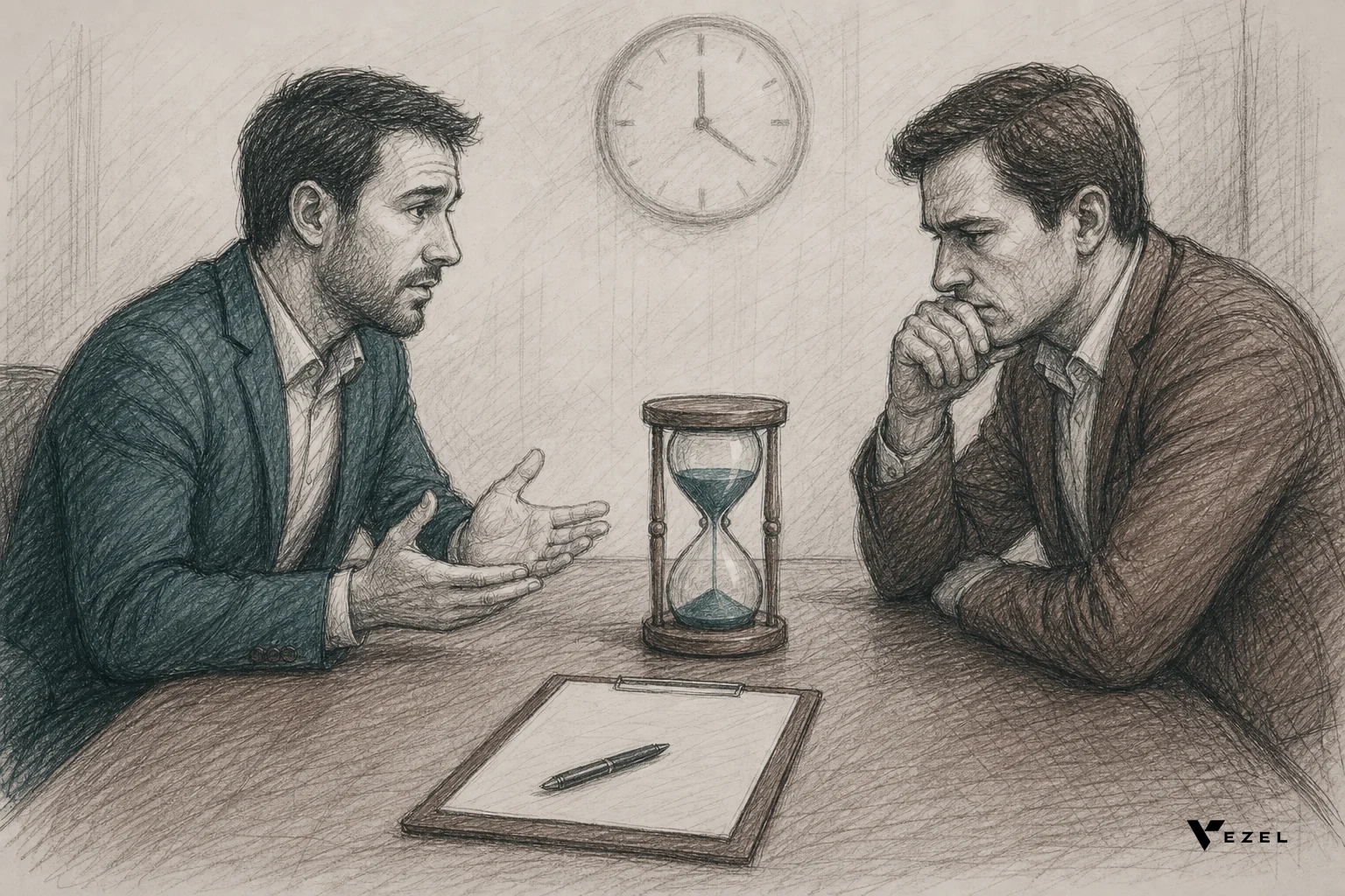 sketch, hand-drawn line art pencil sketch with crosshatching and minimal color using muted teal and brown tones (#38555e, #64524d), a sales rep and a prospect at a table with an hourglass between them and a contract left unsigned, a faint