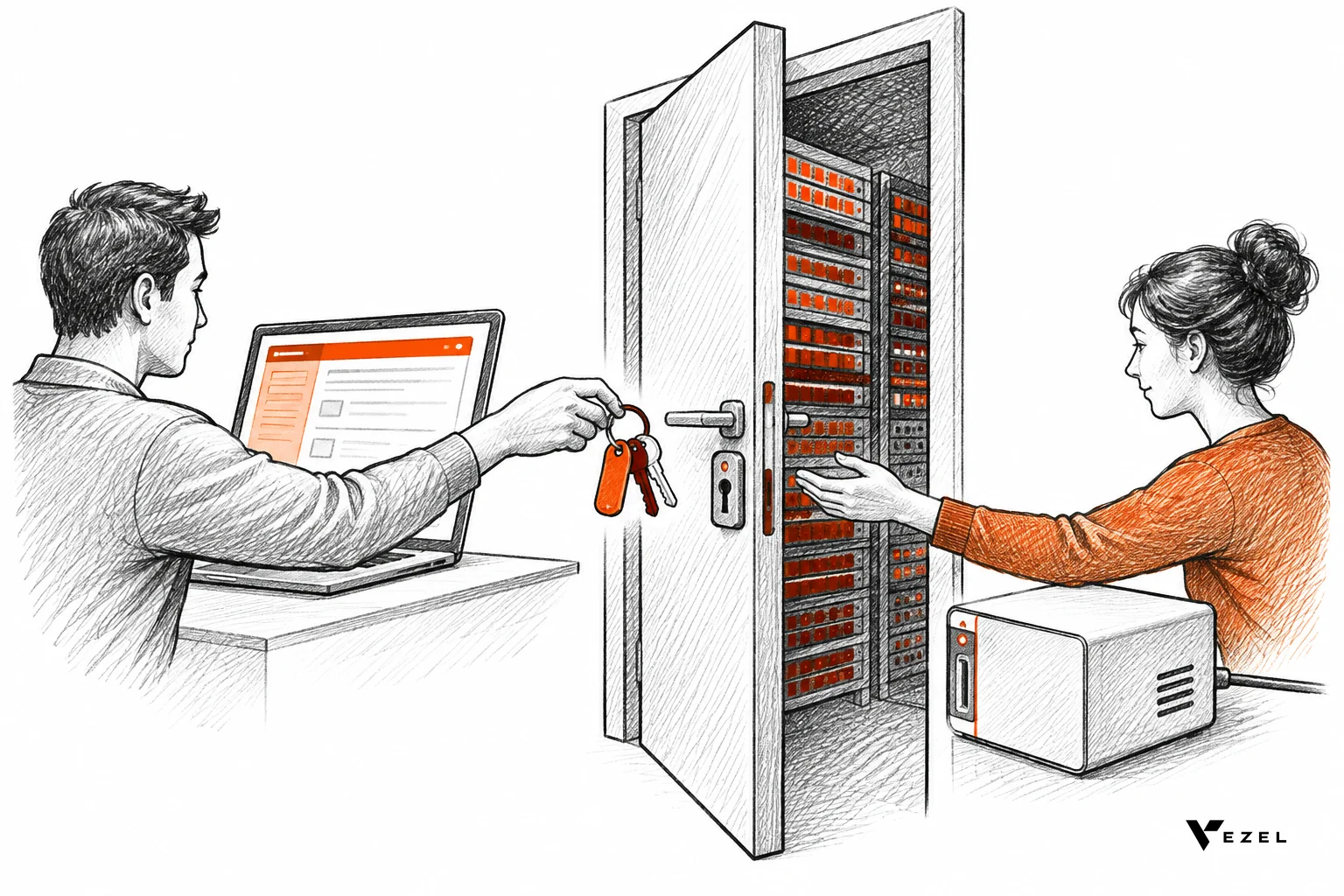 Sketch of a gatekeeper checking a key at a door with rows of data behind it, showing inherited permissions