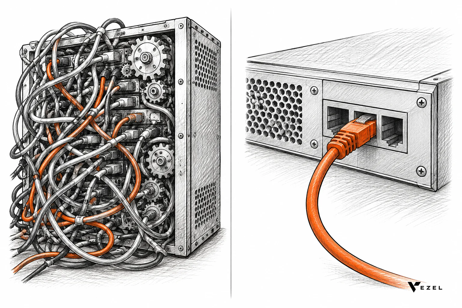 Sketch of a tangled web of wires on one side versus a single clean connector on the other