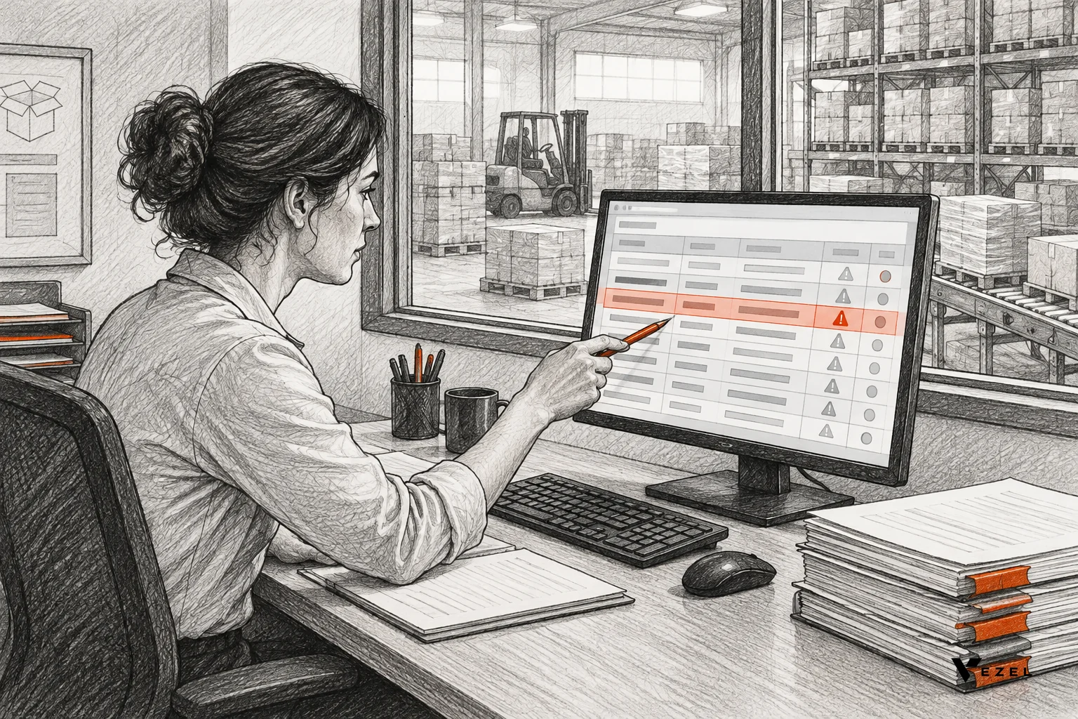 Buyer at a warehouse office desk reviewing a supplier scorecard on a monitor beside a stack of purchase orders