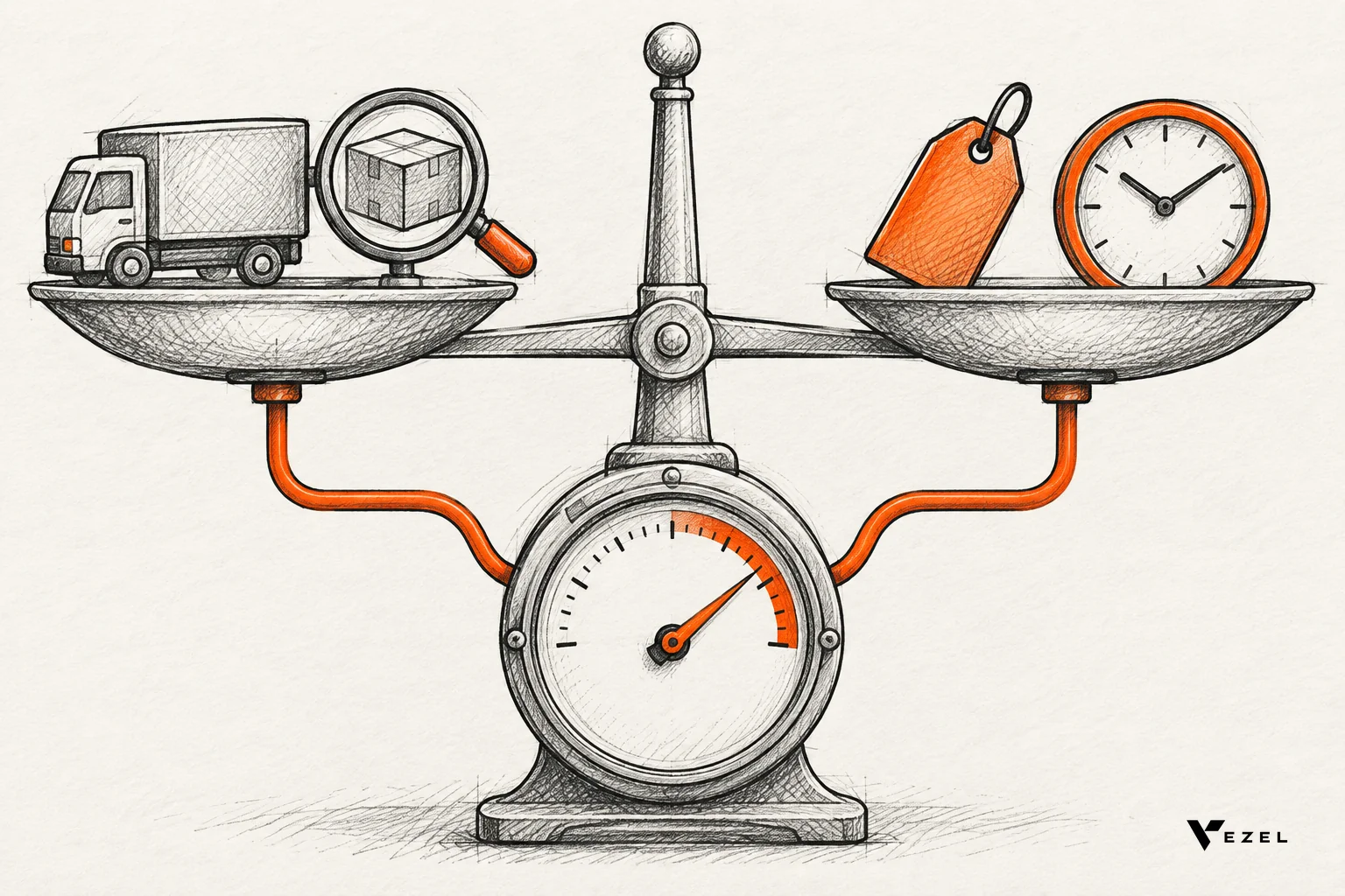 Sketch of a weighted scoring balance with delivery, quality, price and lead time blocks feeding one supplier score