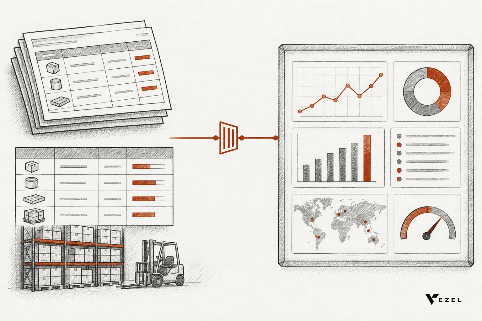 Sketch of procurement and inventory data tables flowing through an API connector into a dashboard inside a secure container