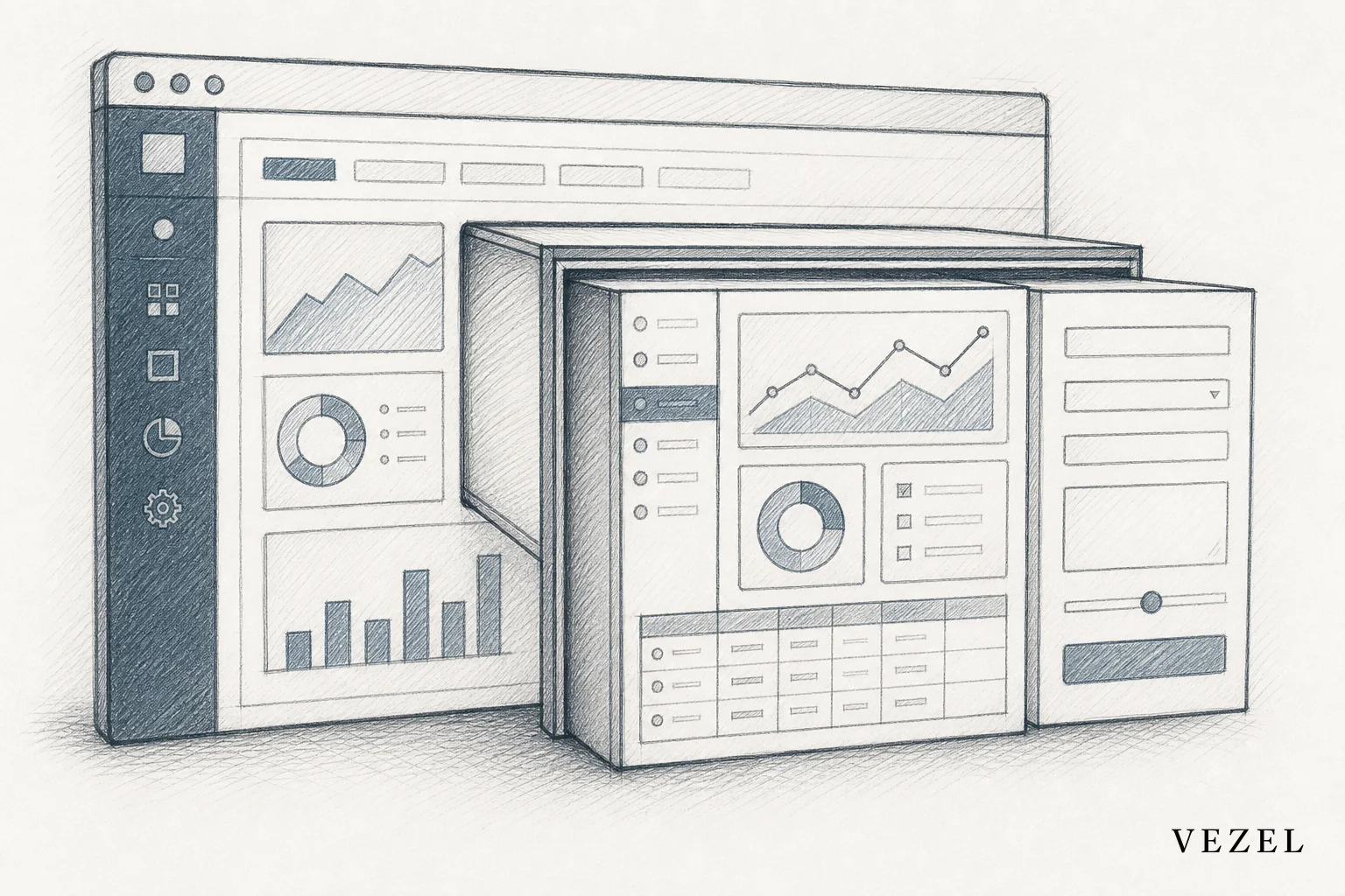 Sketch illustrating a SaaS product interface with an AI extension layer embedded inside it. sketch, hand-drawn line art, pencil sketch style with crosshatching, minimal color using #2a4055 and #70828c accents, showing a software application