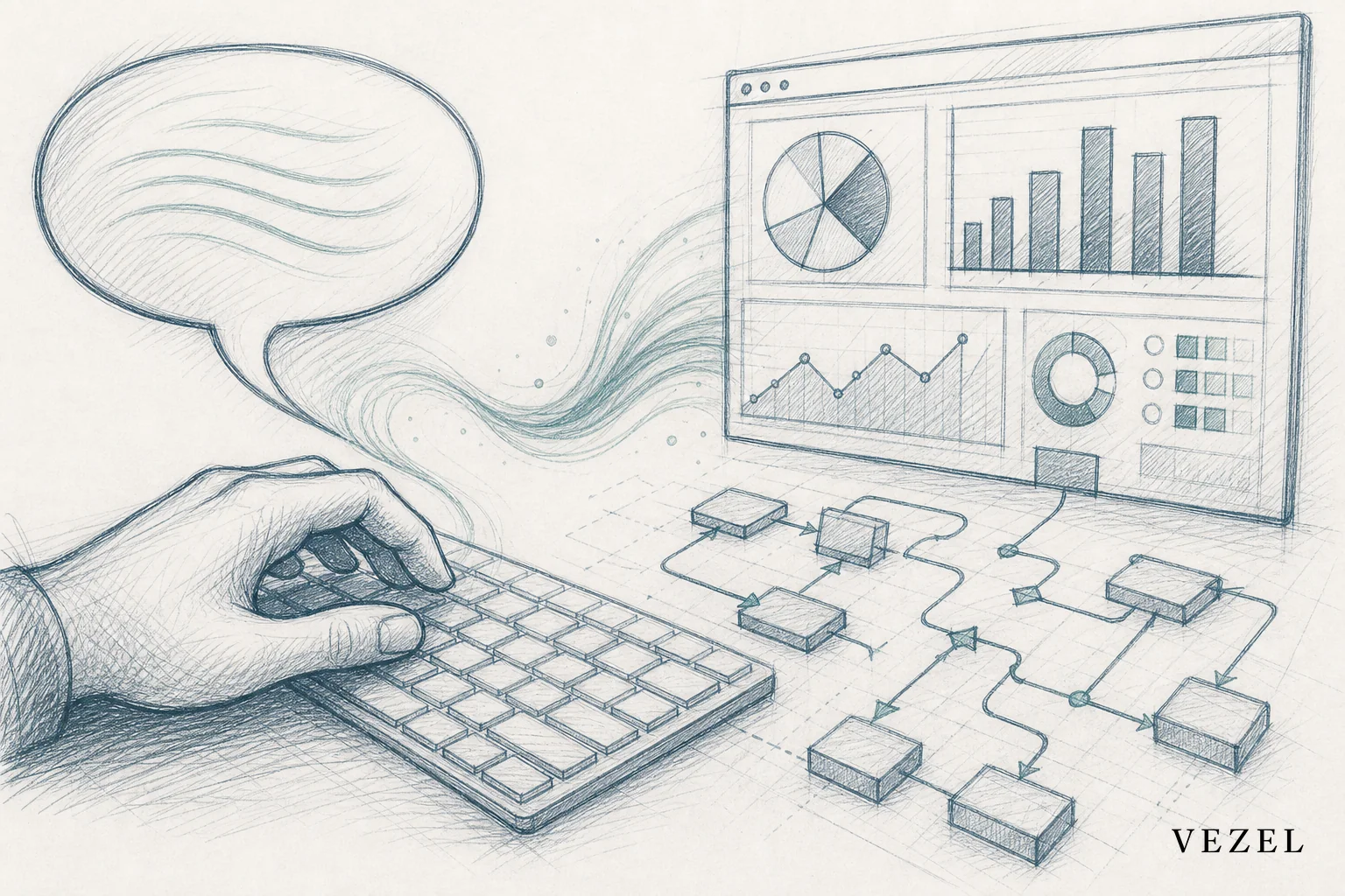 Sketch of a person typing a plain English sentence that transforms into a dashboard and workflow diagram. sketch, hand-drawn line art, pencil sketch style with crosshatching, colors limited to #2a4055 and #768d8c, showing a hand typing on a