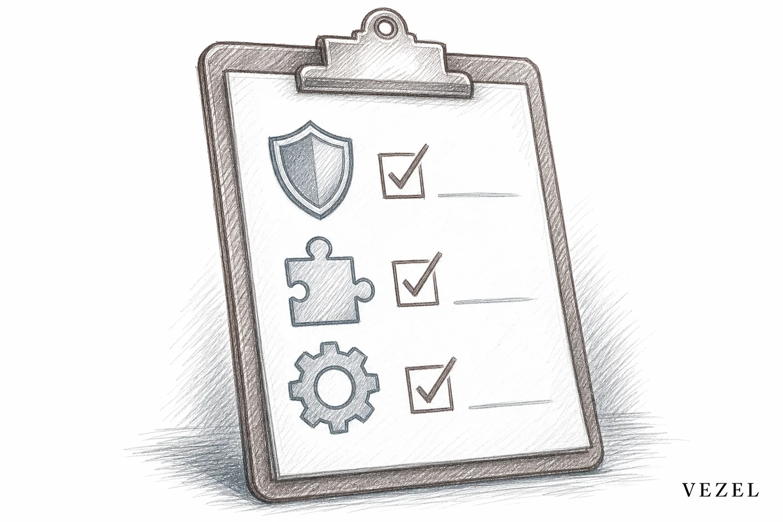 sketch, hand-drawn line art, pencil sketch with crosshatching, palette of #70828c and #64524d, depicting a hand-drawn checklist on a clipboard with checkmarks next to abstract icons representing security shield, puzzle piece, and gear