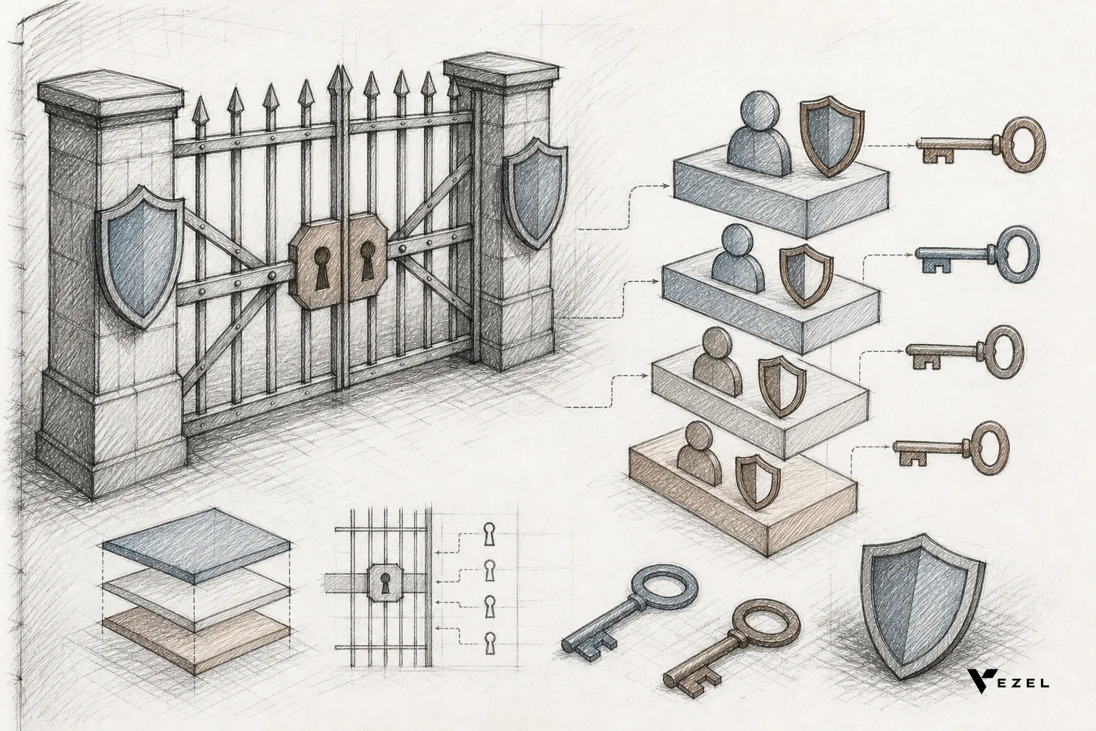 Sketch of access control gates and role hierarchy for SaaS permissions. sketch, hand-drawn line art with pencil crosshatching, minimal color using slate blue (#70828c) and warm brown (#64524d) accents: an illustration of a fence-like gate