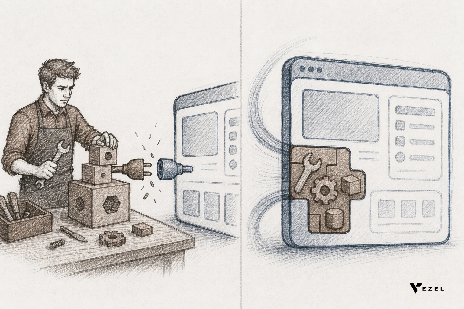 Sketch comparing an internal tool builder silo versus an embedded extension layer inside a product. sketch, hand-drawn line art with pencil crosshatching, minimal color using brown (#64524d) and blue-gray (#2a4055) accents: split