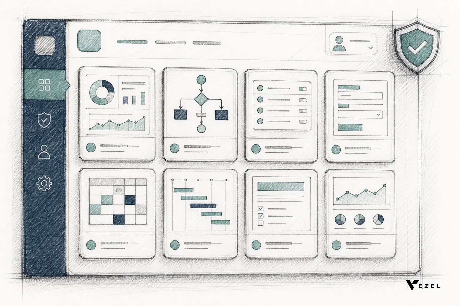 Sketch of an in-product marketplace grid showing published extension cards. sketch, hand-drawn line art with pencil crosshatching, minimal color using teal (#768d8c) and dark navy (#2a4055) accents: an illustration of a grid of app-like