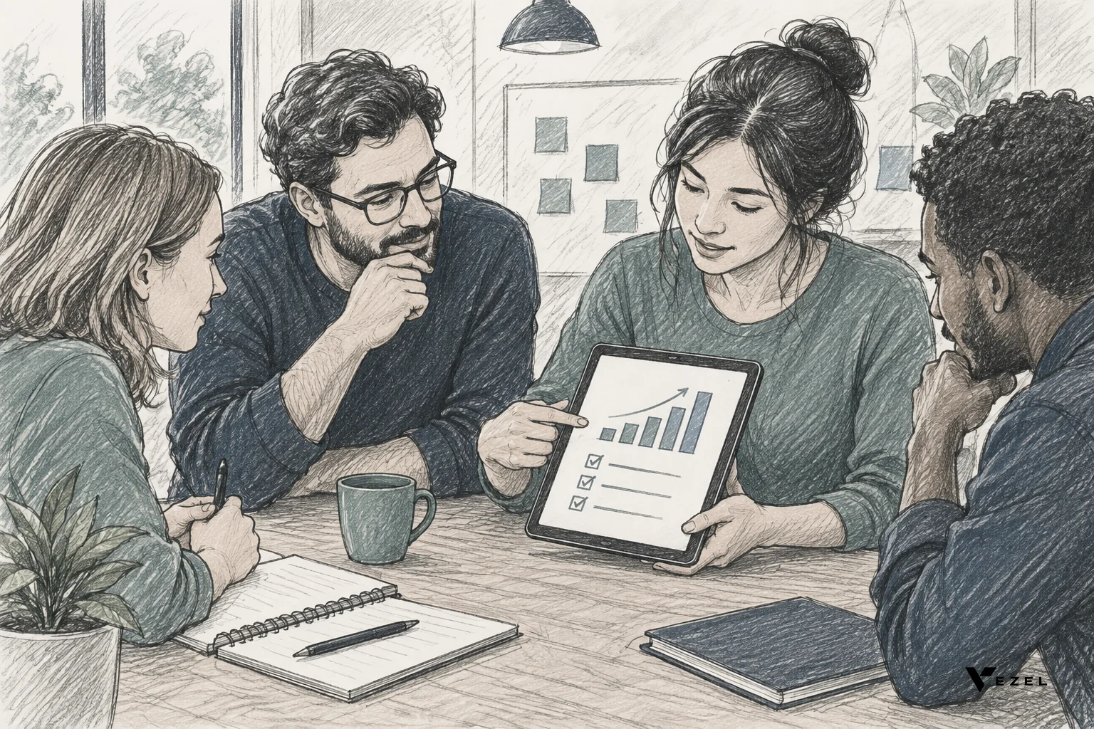 Sketch of a dashboard with rising usage graphs being reviewed by a team. sketch, hand-drawn line art pencil sketch with crosshatching and minimal color, a small team gathered around a tablet showing simple rising bar charts and a checklist
