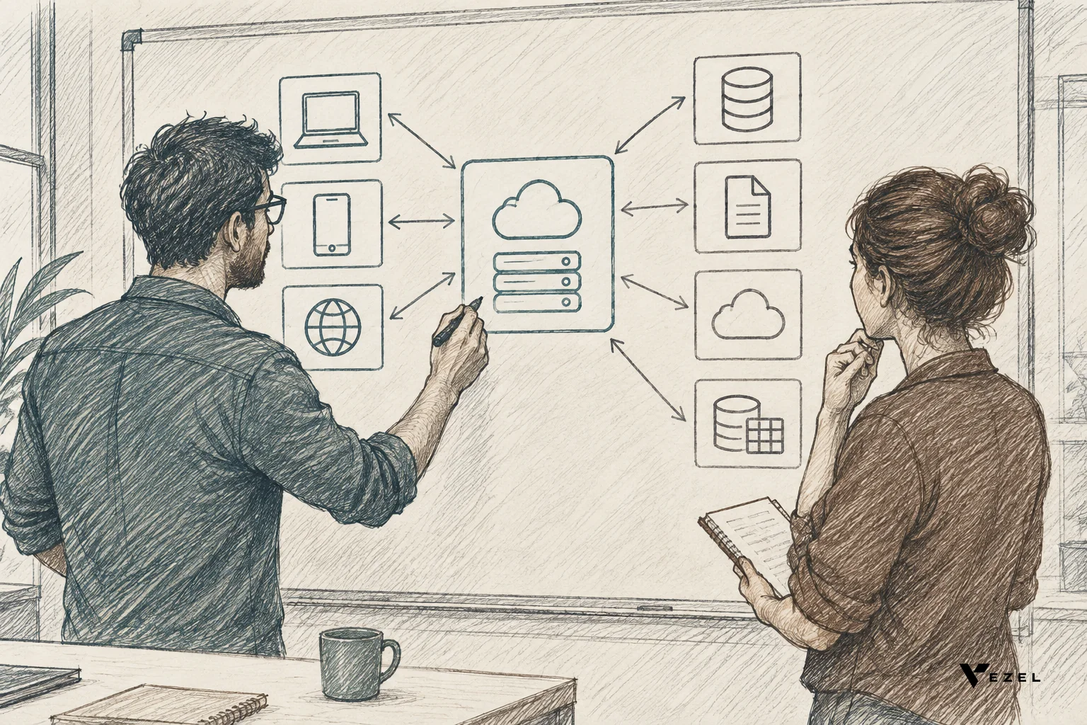 Sketch of two people reviewing an API connection diagram on a whiteboard. sketch, hand-drawn line art pencil sketch with crosshatching and minimal color, two professionals at a whiteboard sketching API connection lines between boxes labeled