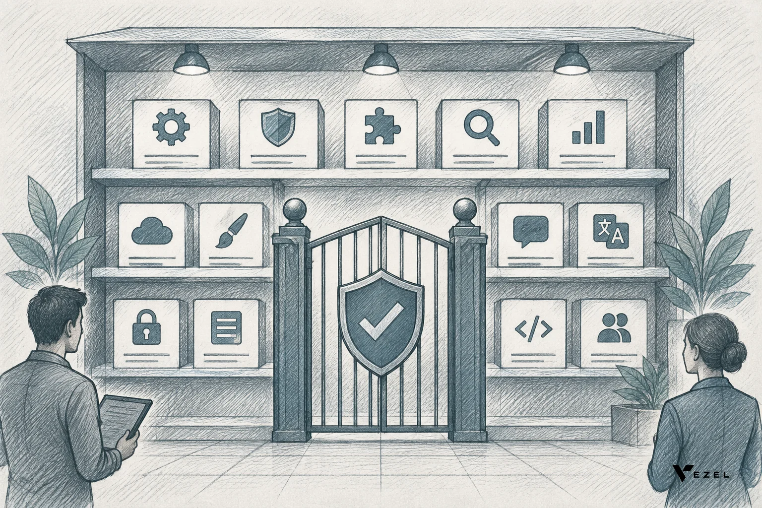 Sketch of a gated marketplace shelf with labeled extension icons being approved. sketch, hand-drawn line art pencil sketch with crosshatching and minimal color, a shelf-like marketplace illustration with simple extension icons behind a gate