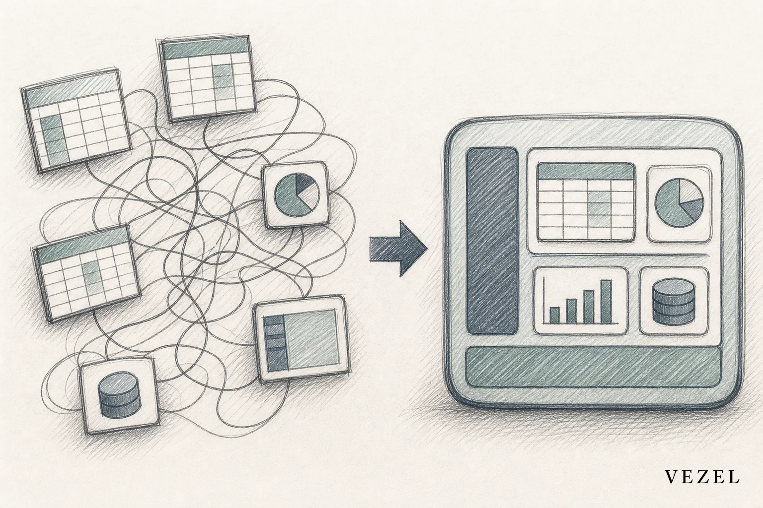 Sketch contrasting a tangled DIY tool setup with a clean unified system. sketch: Hand-drawn pencil sketch, crosshatched shading, minimal color using #768d8c and #2a4055. Split composition: left side shows a tangled mess of disconnected