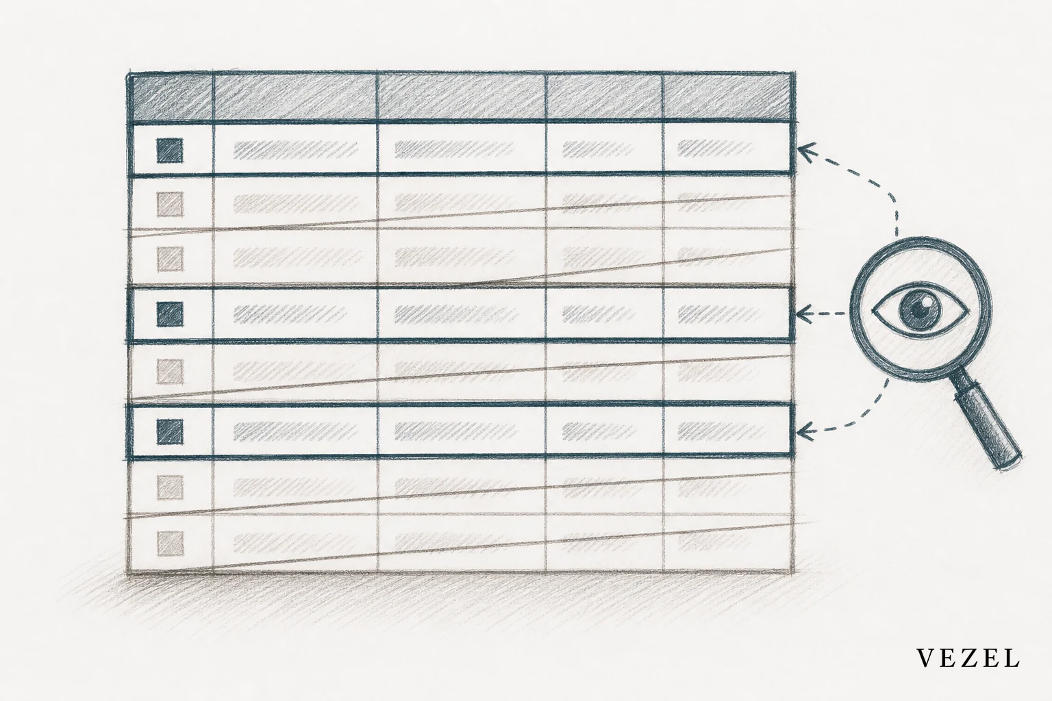 Sketch of filtered data rows visible only to specific users. sketch: Hand-drawn pencil sketch with crosshatching, minimal color palette in #38555e and #64524d tones. Depict a stylized data table or spreadsheet grid where some rows are drawn