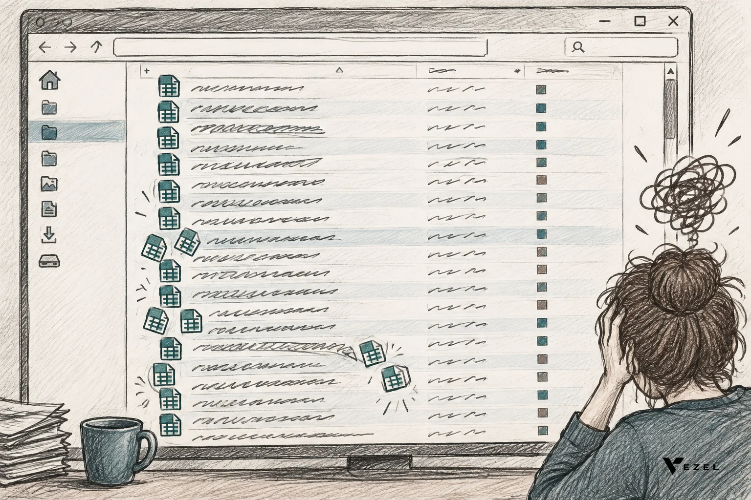 Sketch of a messy file folder tree with many versioned spreadsheet files. sketch, hand-drawn line art with pencil crosshatching, minimal color accents in #38555e and #64524d, illustrating a computer file explorer window with a long list of